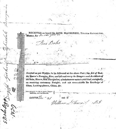 Marine Cargo receipt 1838