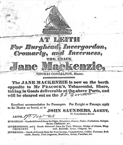 Poster advertising voyage of 'Jane Mackenzie'