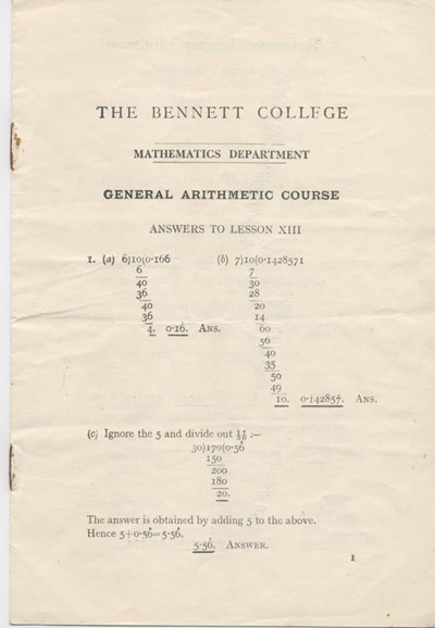 Answer sheet for mathematics exam (Bennett College); 