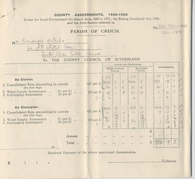 Rates Assessment for Skibo Estate 1938 - 1939