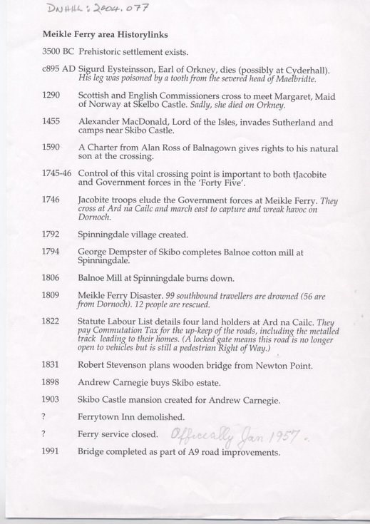 Meikle Ferry significant events