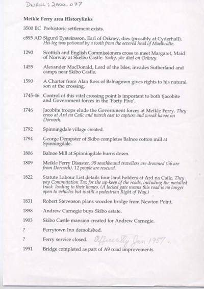 Meikle Ferry significant events