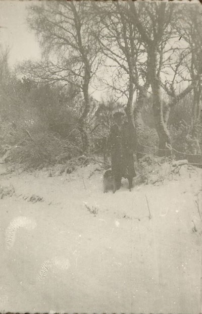 Snow Scene with man and dog