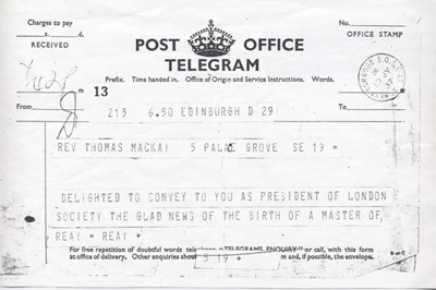 Telegram birth of a Master of Reay-Reay 1937