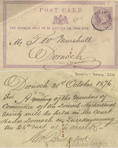 1876 postcard addressed to T W Marshall Dornoch
