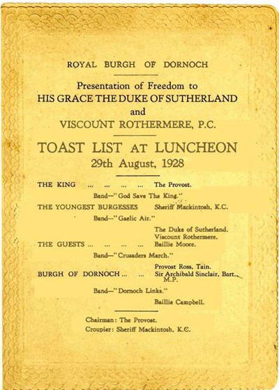 Toast list for presentation of Freedom of Burgh 1928