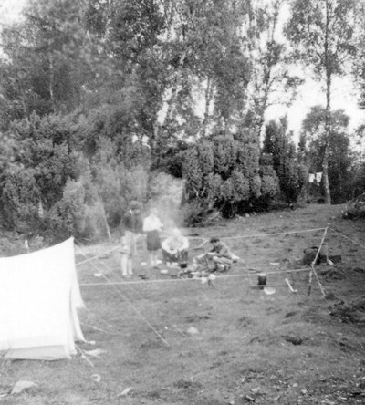 Scouts in roped off camp kitchen area