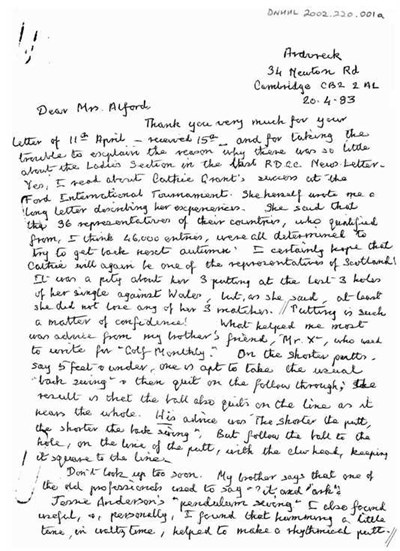 Letter from Miss Macleod, Cambridge to Mrs Alford, Dornoch, 1983