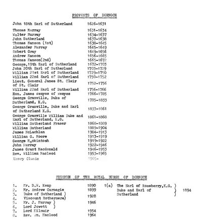 List of Provosts and Freemen of Dornoch 1626 - 1965