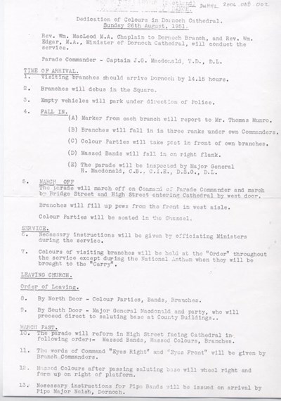 Dedication of Colours Dornoch 1951 - Parade Orders