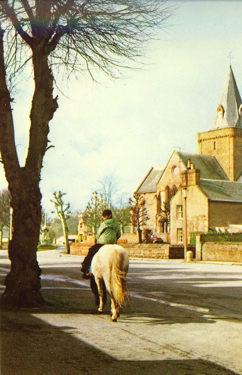 Dornoch Cathedral with a horse and rider in foreground