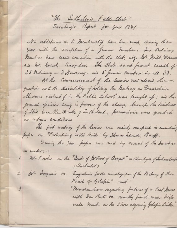 Sutherland Field Club Secretary's report 1881