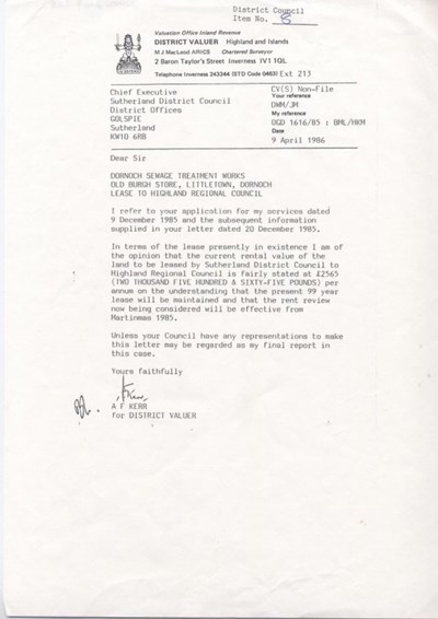 Rental value of Dornoch Sewage Works 1986
