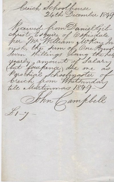 Receipt for Creich schoolmaster's salary 1849