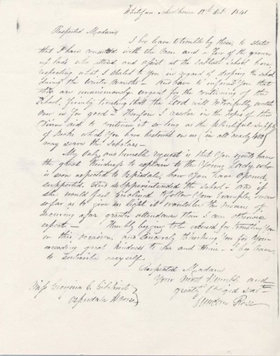 Letter re Sabbath School at Whiteface 1841