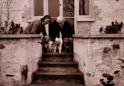Two women at top of steps, with two dogs and a cat 