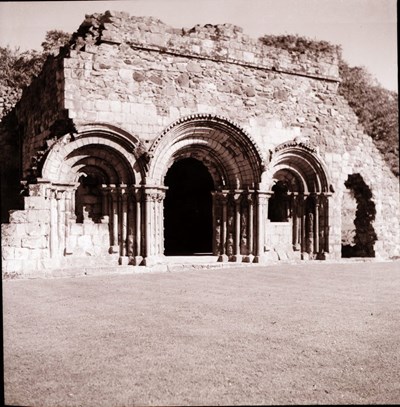 Ruins of arched entrance and side windows at Haughmond Abbey, Shropshire