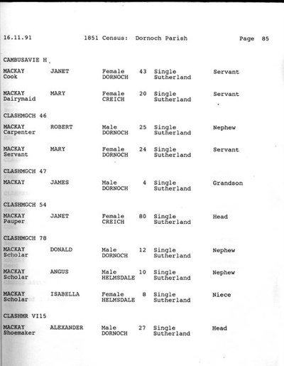 1851 Dornoch Parish Census Page 85