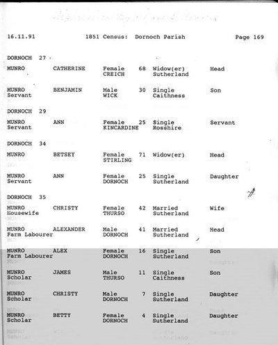 1851 Census Dornoch Parish Page 169