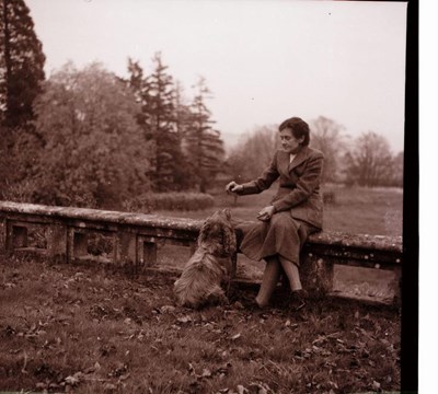 A lady seated on a garden wall with dog