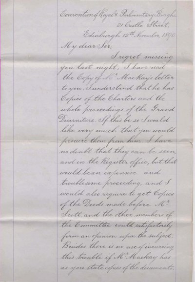 Letter from Convention of Royal Burghs to D. Kemp ~ 1890