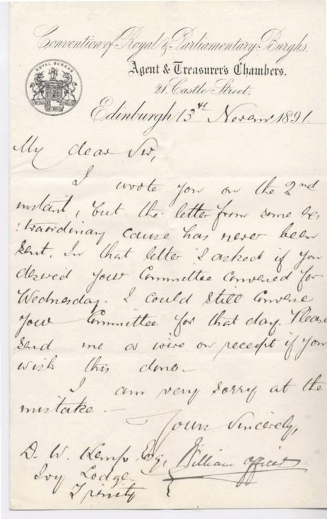 Letter from William Officer to D.W Kemp ~ 1891