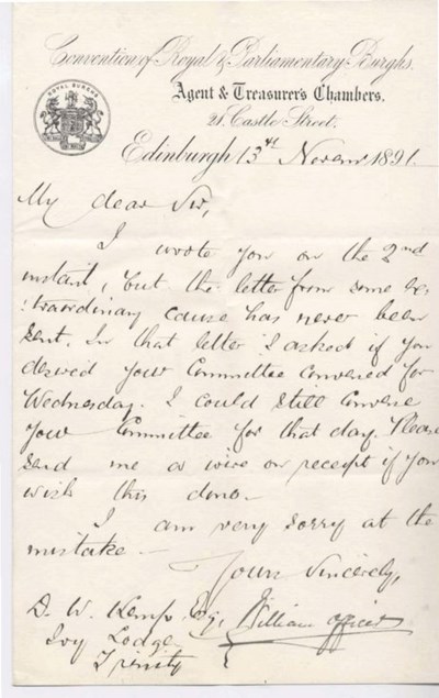 Letter from William Officer to D.W Kemp ~ 1891