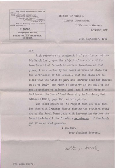 Letter from Board of Trade re swimming pool ~ 1911