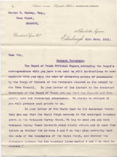 Letter from Davidson & Syme re foreshore ~ 1911