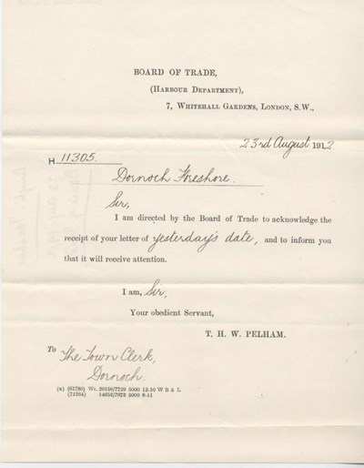 Letter from Board of Trade re foreshore ~ 1912