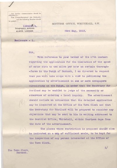 Letter from Scottish Office re 10 mph speed limit ~ 1912