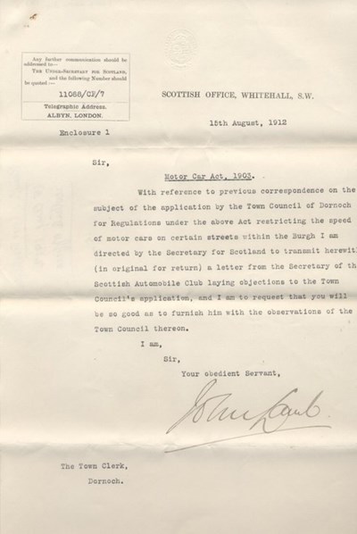 Letter from Scottish Office re 10mph speed limit ~ 1912