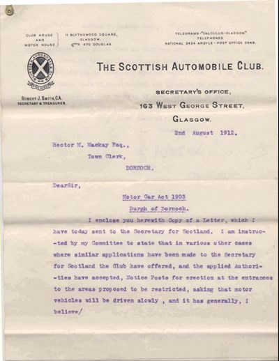 Letter from Scottish Automobile Club re 10mph speed limit ~ 1912