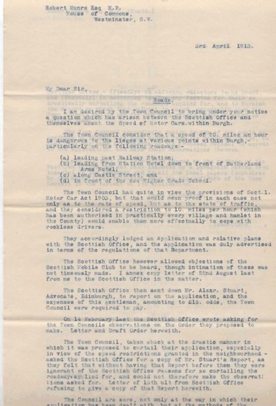 Letter to Robert Munro MP re 10mph speed limit ~ 1913