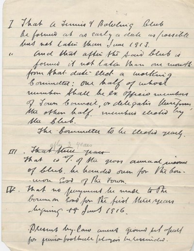 Page torn from a notebook with list of resolutions for the formation of a Tennis and Bowling Club in June 1913