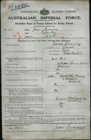 James Cumming of Embo Australian Enlistment Form