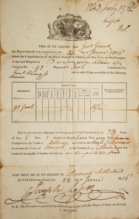 Royal Hospital Chelsea out-patient papers George Grant 93 Foot