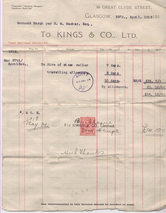 Bill for hire of steam roller ~ 1913