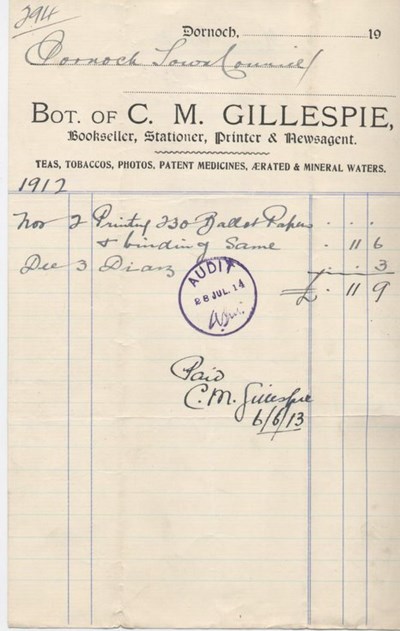 Bill from C.M.Gillespie, bookseller and stationer, for ballot papers and diary ~ 1913.