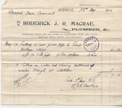 Bill for repairs to pump and water trough ~ 1913