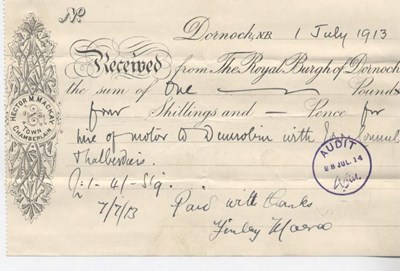Receipt for hire of car to Dunrobin ~ 1913