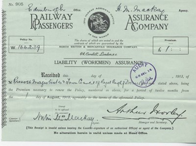 Receipt for workmen's liability assurance premium ~ 1913