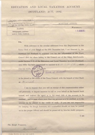 Letter re Education and Local Taxation Account Act ~ 1913