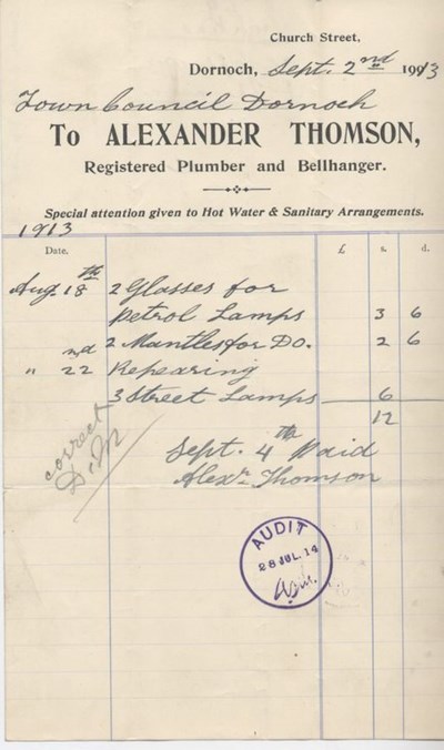 Bill for repairs to street lamps ~ 1913