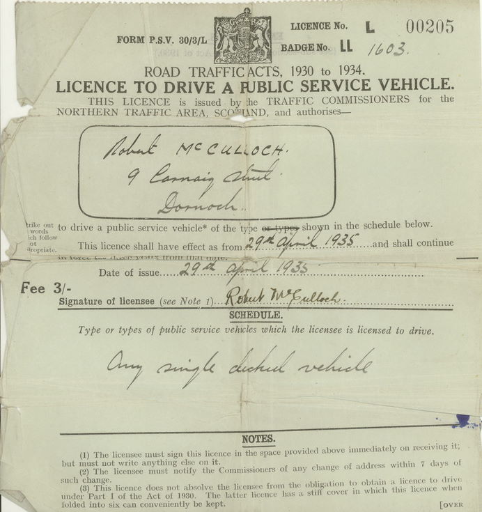 1935 Northern Traffic Area Scotland Drivers Licence Robert McCulloch ...