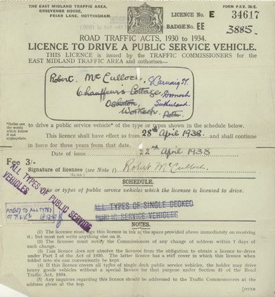 1938 East Midland Traffic Area Drivers Licence Robert McCulloch