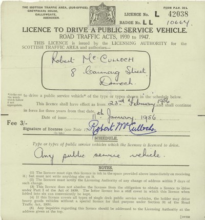 1956 ScottishTraffic Area Drivers Licence Robert McCulloch