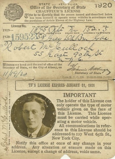 1919 New York Drivers Licence Robert McCulloch