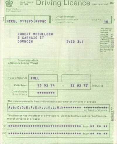 1974 Driving Licence Robert McCulloch
