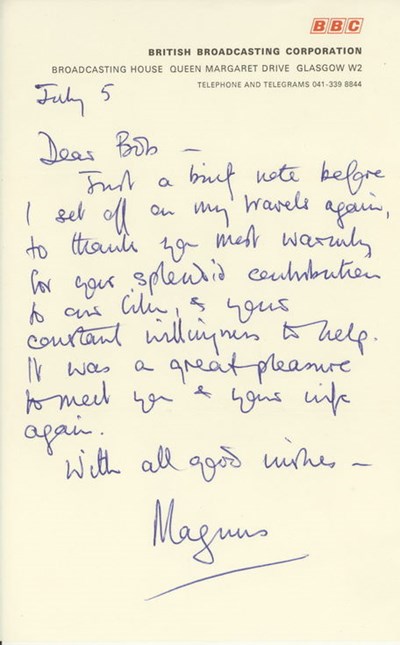 BBC thank your letter from Magnus Magnusson 1969